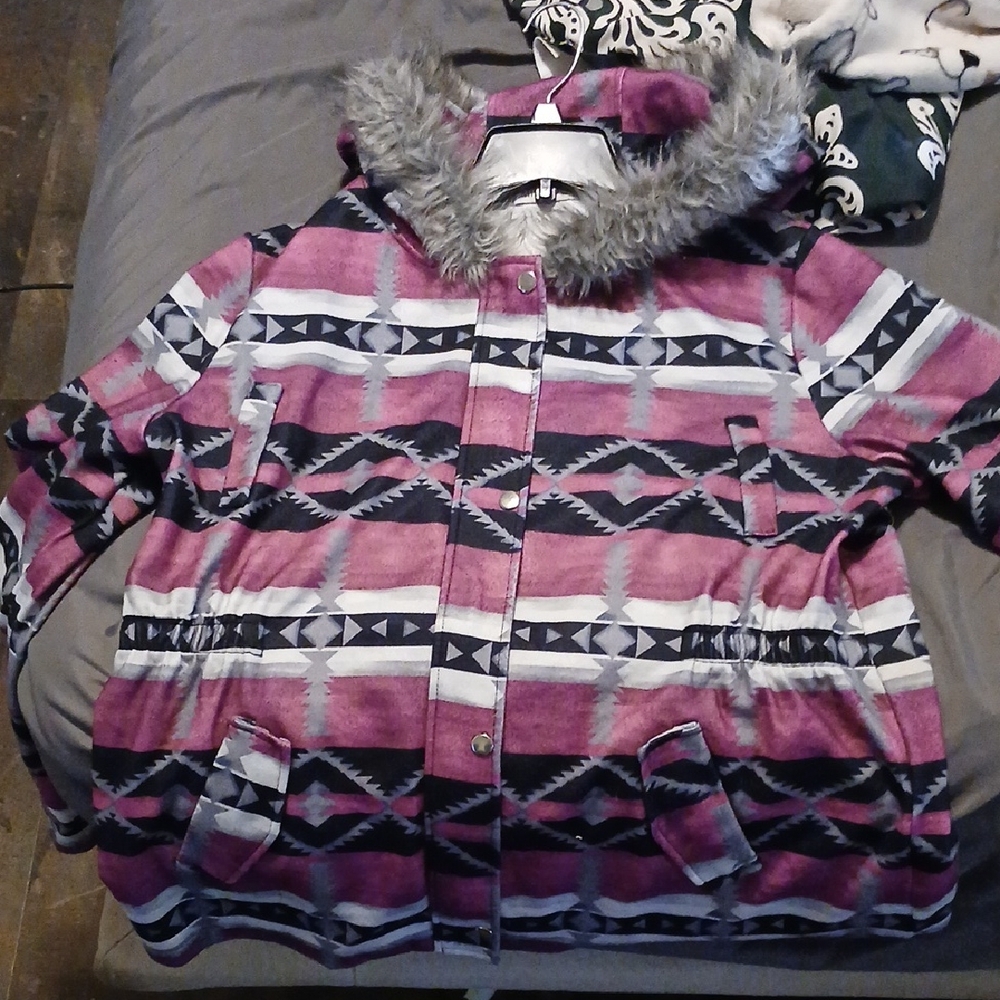 MISSLOOK Pink and Gray Varsity Jacket with Faux Fur Hood